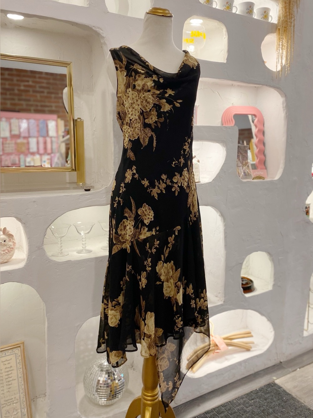 Y2K Vintage Black Floral Mesh Asymmetrical Beaded & Sequin Dress with Cowl Neck